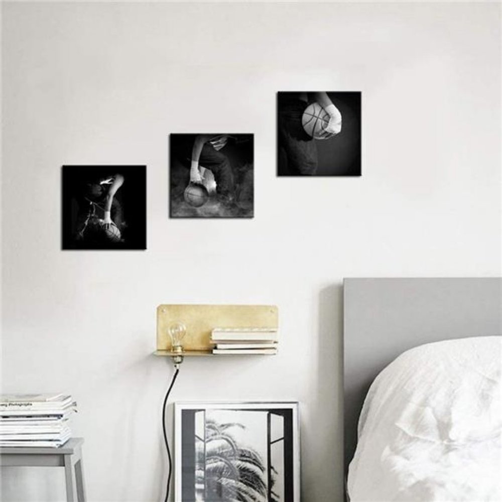 Black and White Canvas Wall Art Set Man Plays Basketball Posters 12x12inchx3pcs